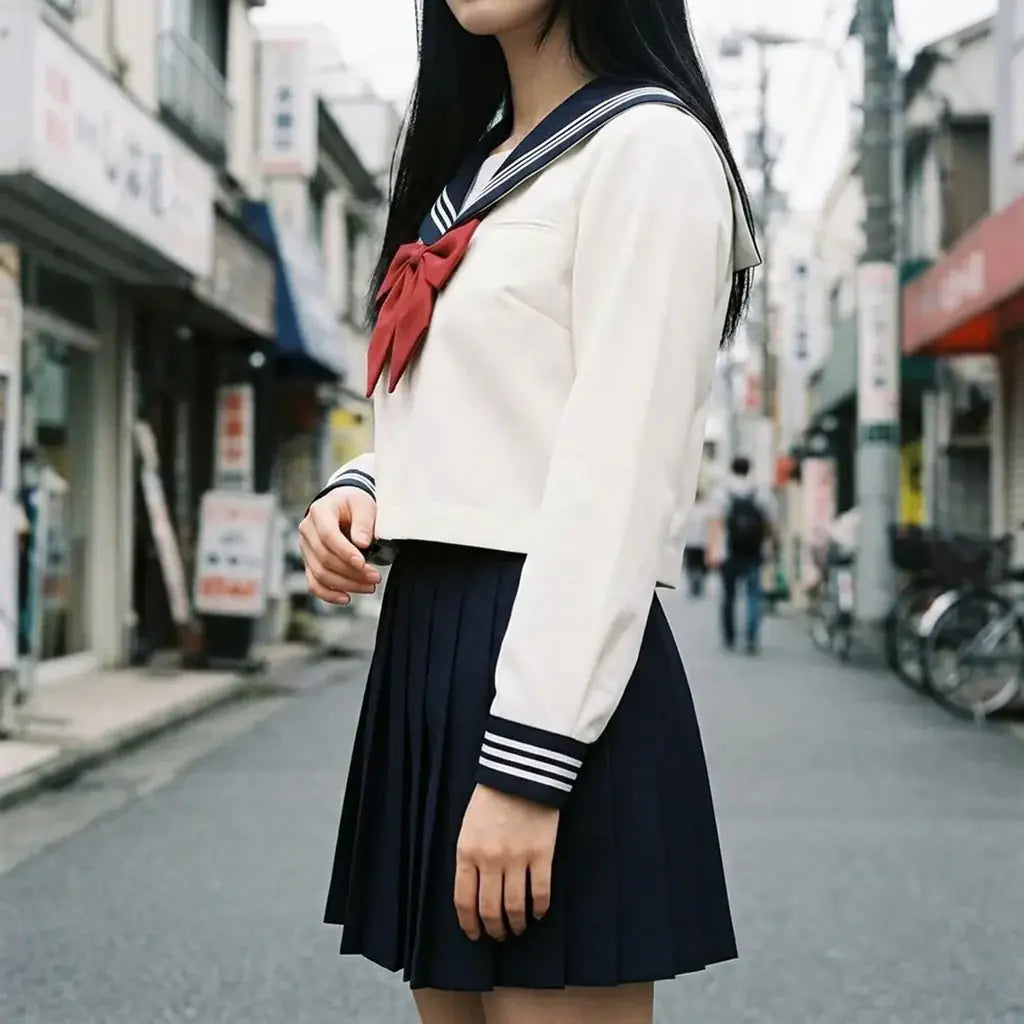 Uniforme Japonais Fille porté par un homme dans une pièce japonaise traditionnelle, vue de face