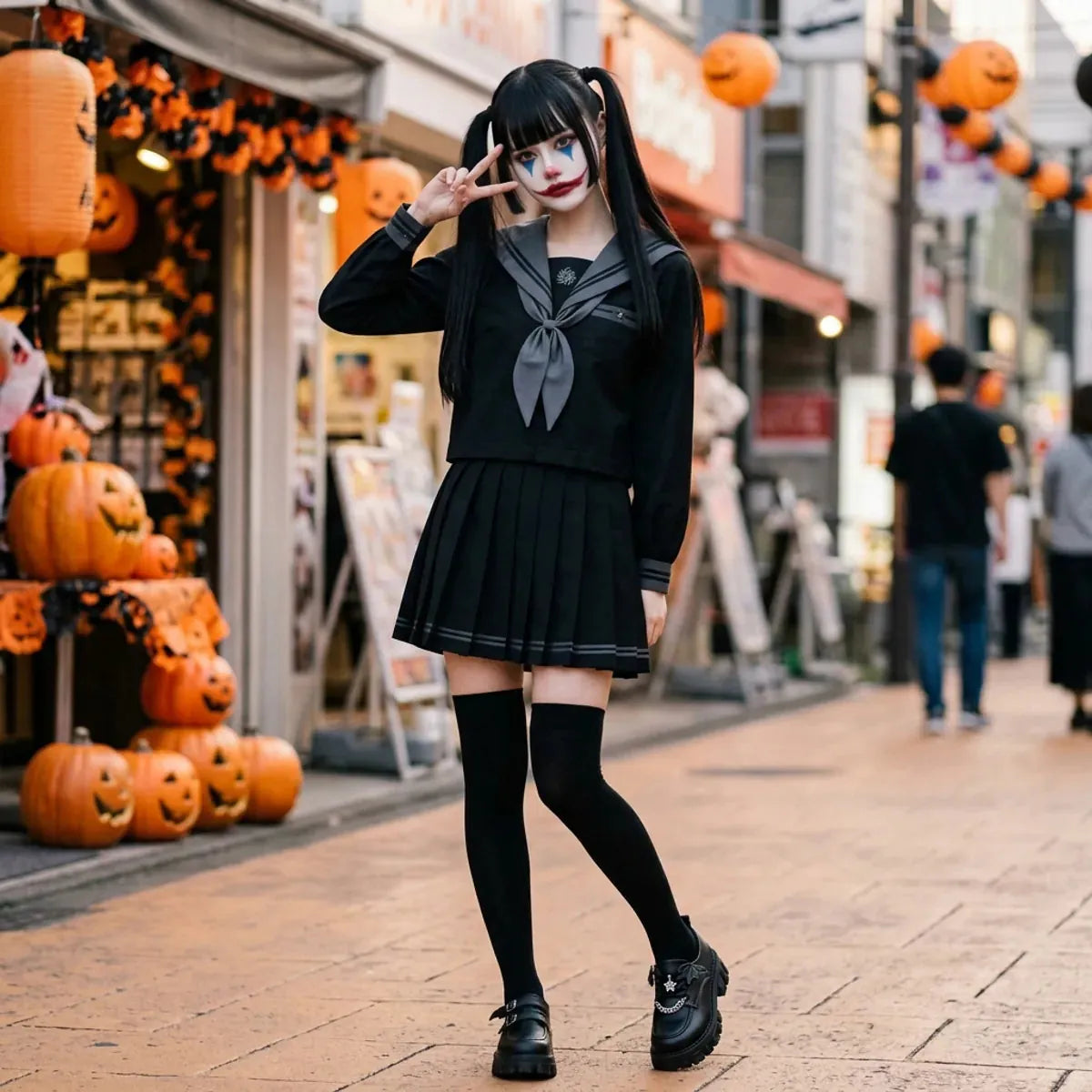 Uniforme sailor japonais porté pour Halloween à Harajuku avec un maquillage de clown façon Joker