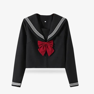 Uniforme scolaire Japon prix dans un magasin pouru un salor fuku de couleur noir. Cet unforme japonais comprend un ruban de marin noir et une jupe plissée, disponible à différents prix selon la qualité.