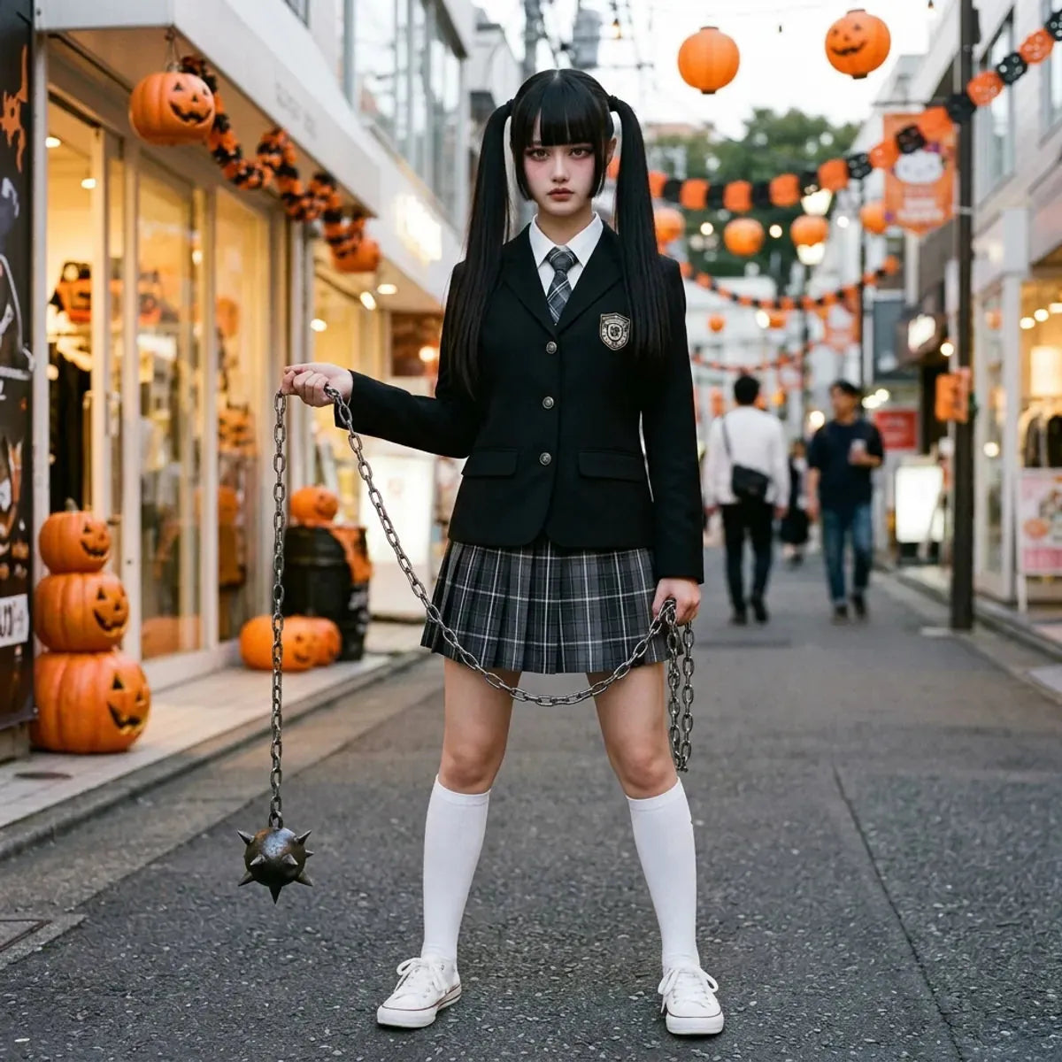 Costume d'écolière japonaise style Halloween à Harajuku avec une chaîne en accessoire, chaussettes blanches montantes et baskets blanches