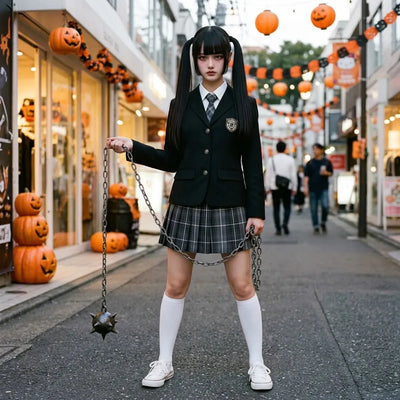 Costume d'écolière japonaise style Halloween à Harajuku avec une chaîne en accessoire, chaussettes blanches montantes et baskets blanches