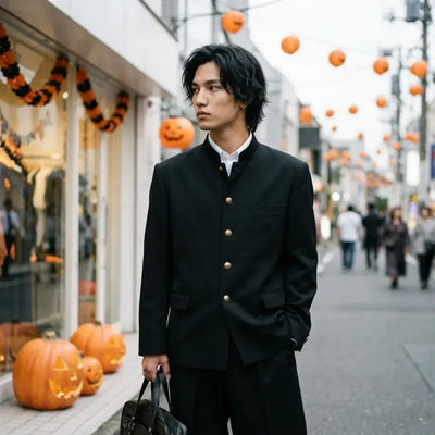 Gros plan sur le tissu et la manche du uniforme scolaire japonais homme