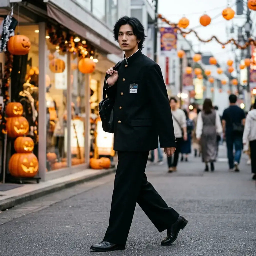 Uniforme Scolaire Japonais Homme porté par un homme dans une pièce japonaise traditionnelle, vue de face