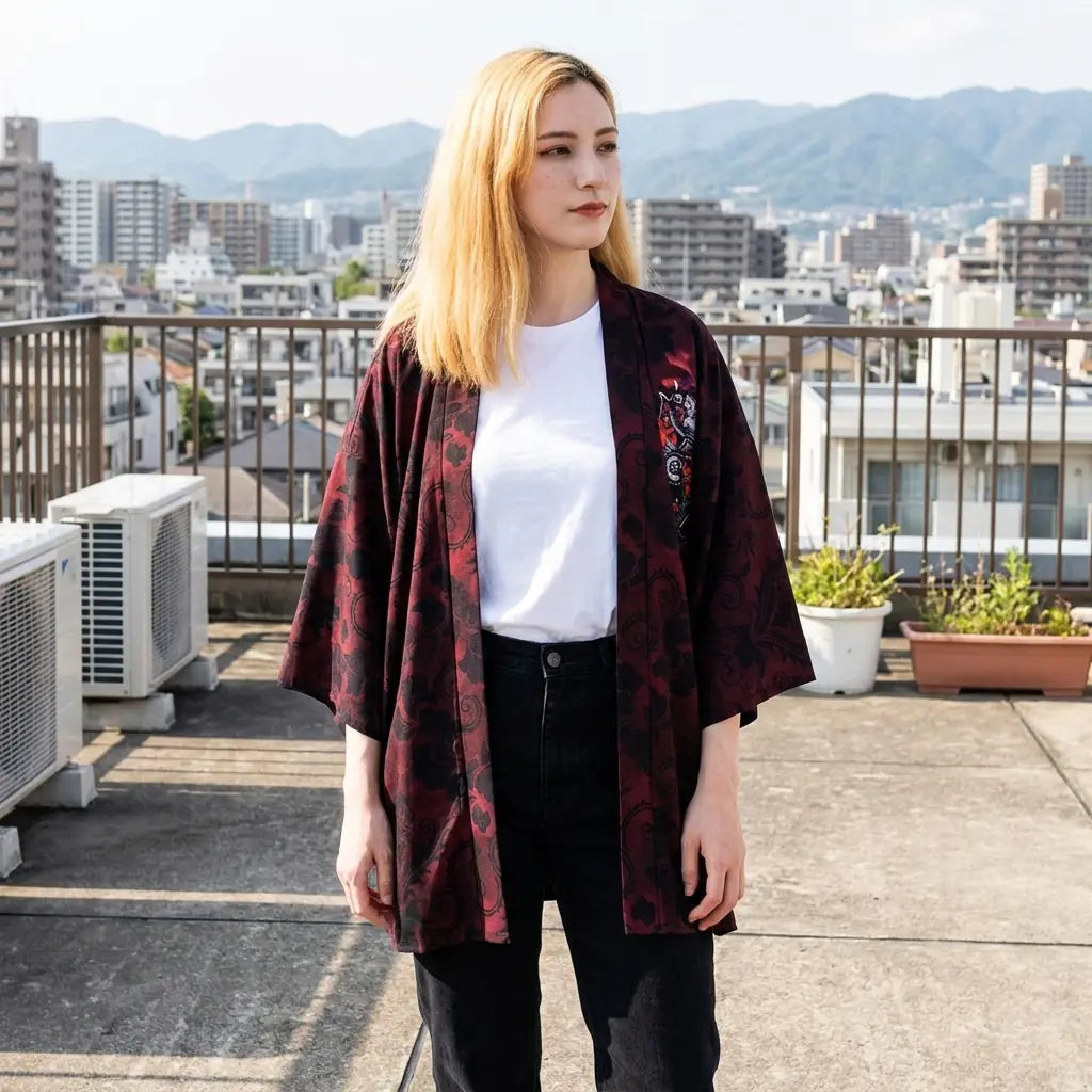 La veste armure loup pour femme portée ouverte, photographiée sur une terrasse en hauteur