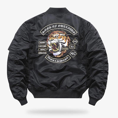 Veste bomber japonaise noire à manches longues avec motif tigre