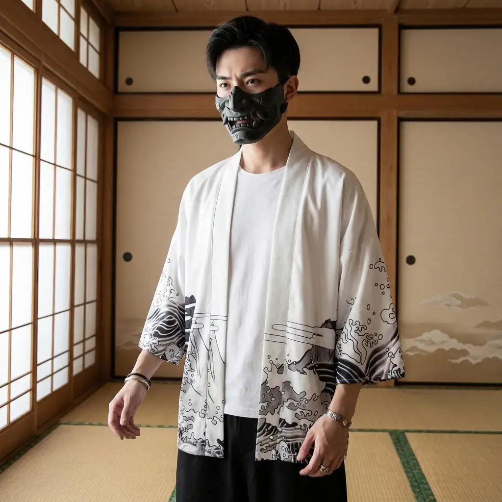 Veste Dragon Kimono porté par un homme dans une pièce japonaise traditionnelle, vue de face