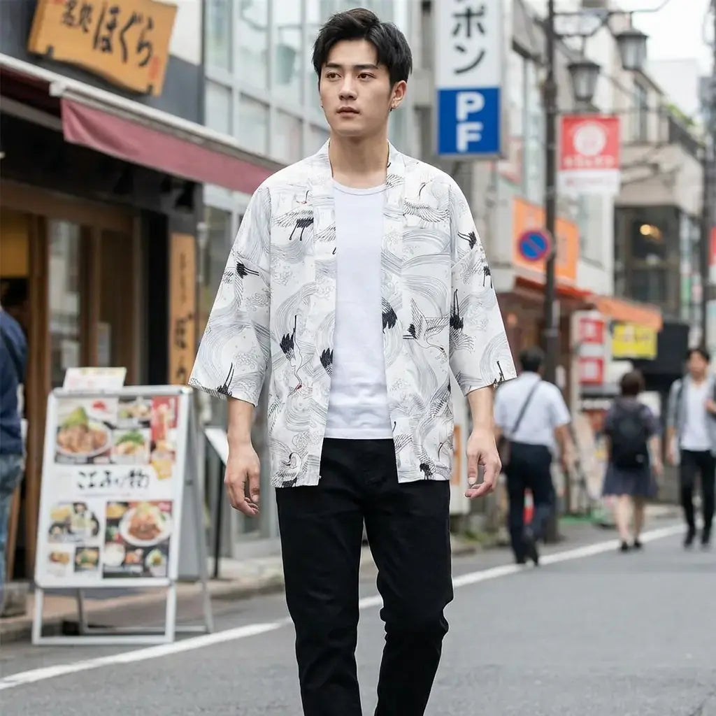 Veste Effet Kimono porté par un homme dans une pièce japonaise traditionnelle, vue de face