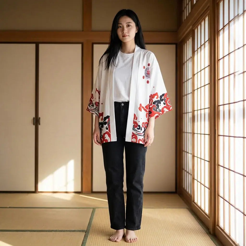 Veste Style Kimono Homme porté par une femme dans une pièce japonaise traditionnelle