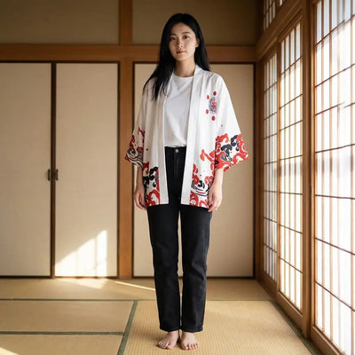 Veste Style Kimono Homme porté par une femme dans une pièce japonaise traditionnelle