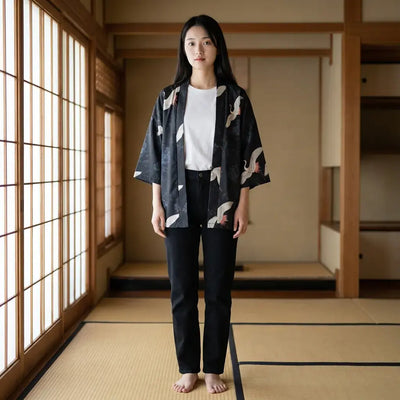 Haori Japonais porté par une femme dans une pièce japonaise traditionnelle
