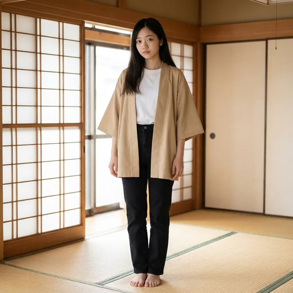 Veste haori femme beige portée en léger layering, photographiée sur un tatami