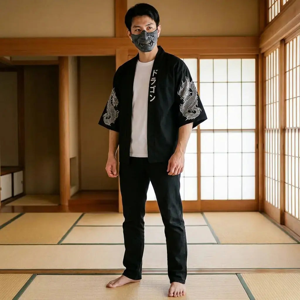 Kimono Haori Homme porté par un homme dans une pièce japonaise traditionnelle, vue de face