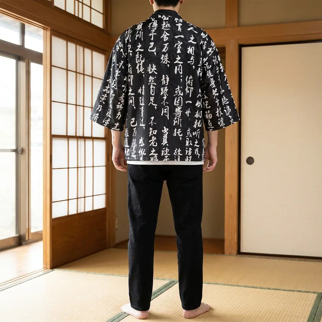 Vue de dos d'une veste haori japonaise dans un washitsu, motif complet visible