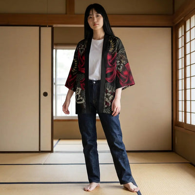 Femme portant une veste haori oni dans une pièce washitsu avec tatami et shoji