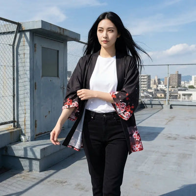 Veste haori renard rouge photographiée sur un toit en ville, renards courant le long des pans inférieurs.