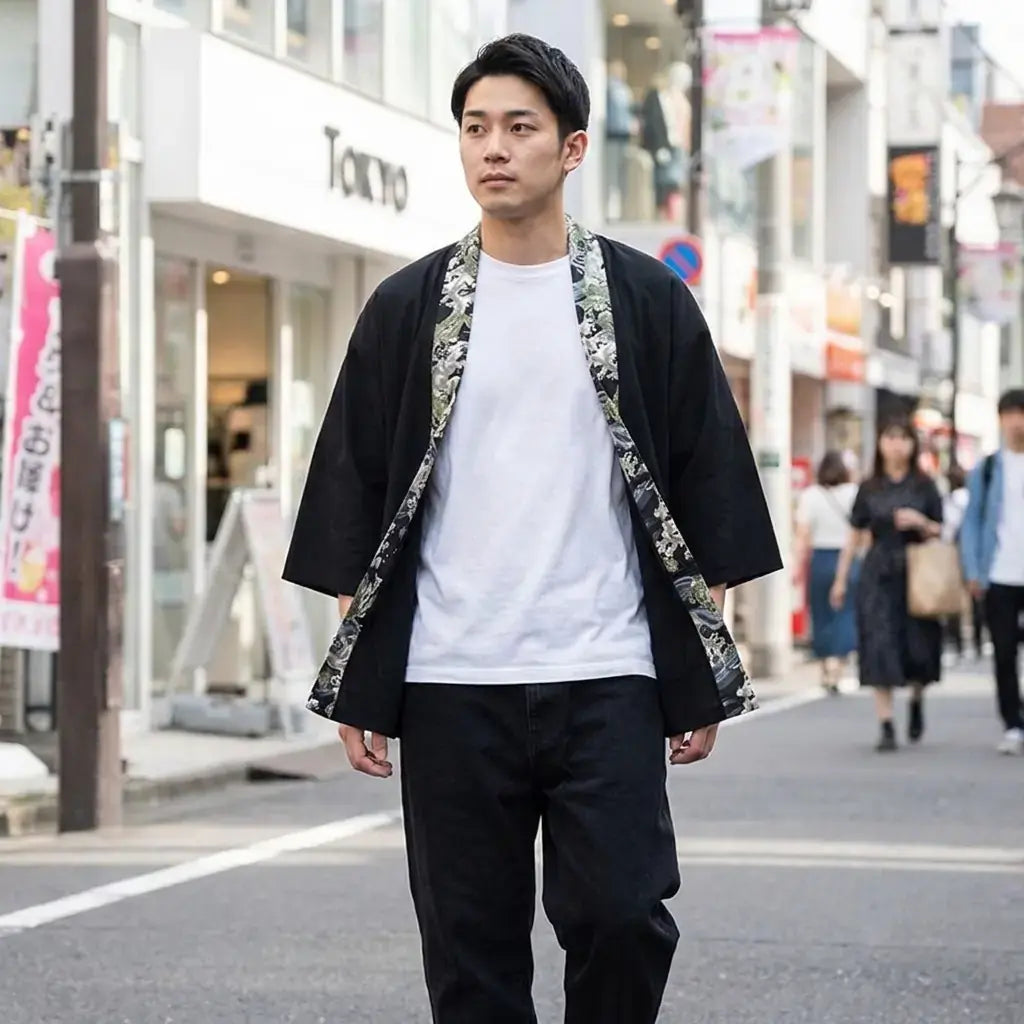 Veste Haori porté par un homme dans une pièce japonaise traditionnelle, vue de face