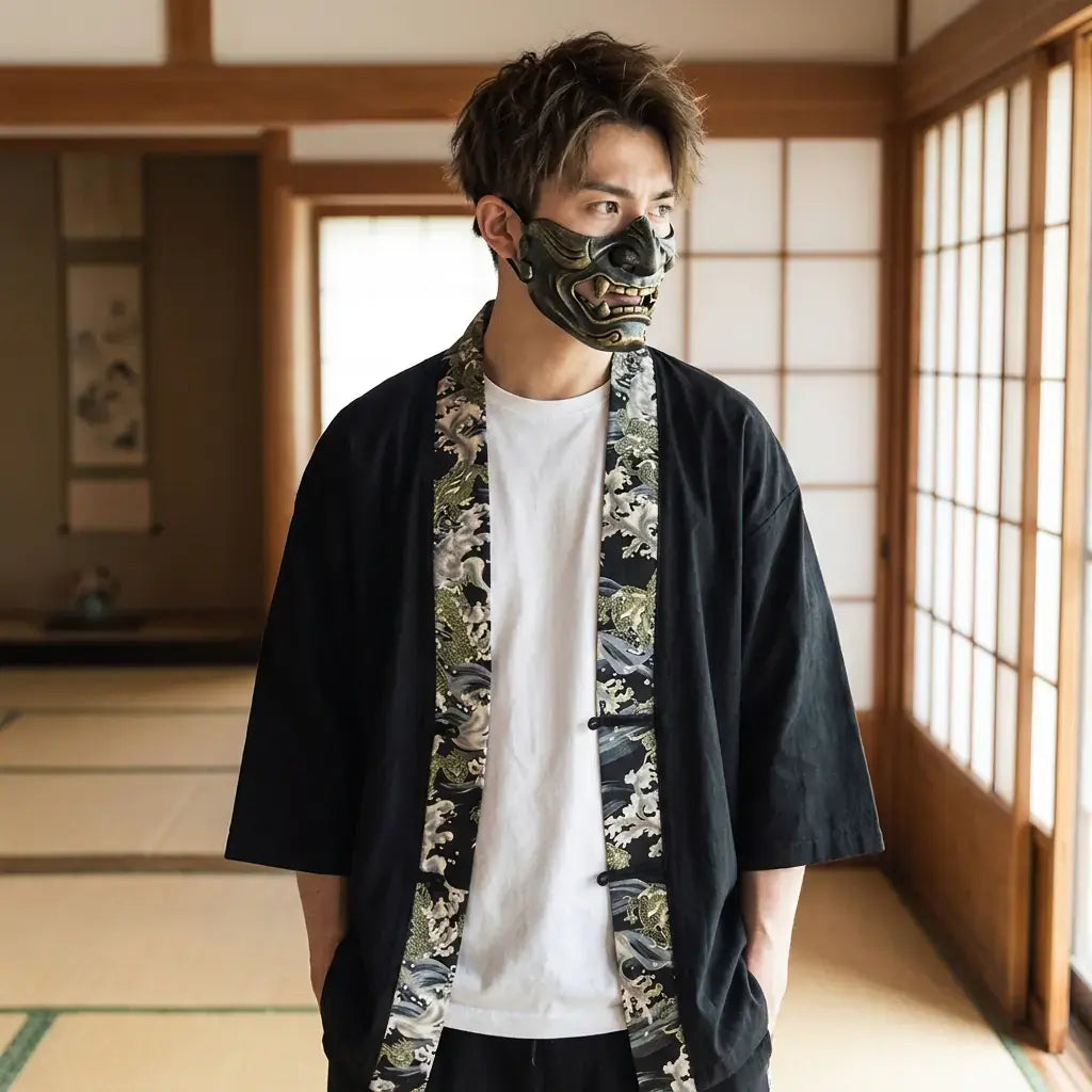 Veste Haori porté par un homme dans une pièce japonaise traditionnelle, vue de face