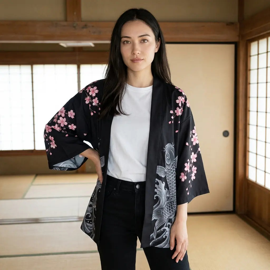 Veste japonaise carpe koi vue de face sur fond noir