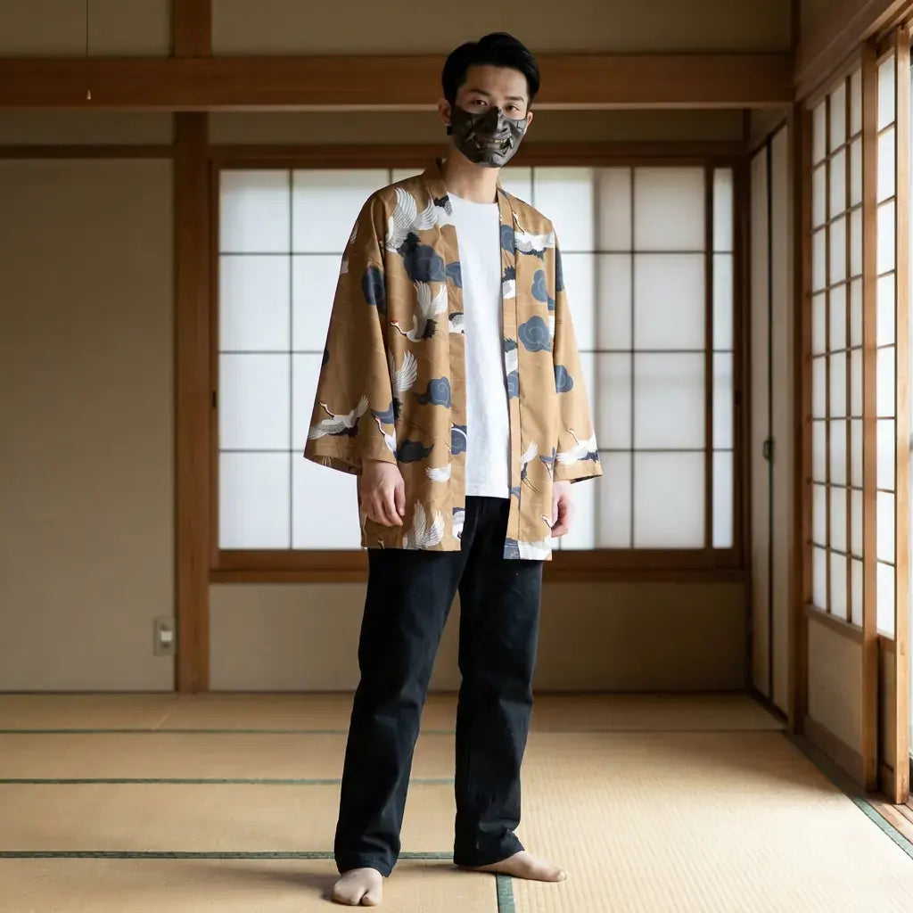 Haori Yukata porté par un homme dans une pièce japonaise traditionnelle, vue de face