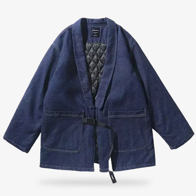 Ce manteau japonais est un haori bleu au design minimaliste indigo, reflétant l'élégance de l'esthétique traditionnelle japonaise