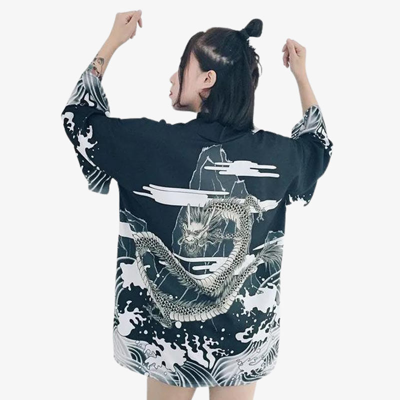 Veste japonaise dragon avec manches trois-quarts