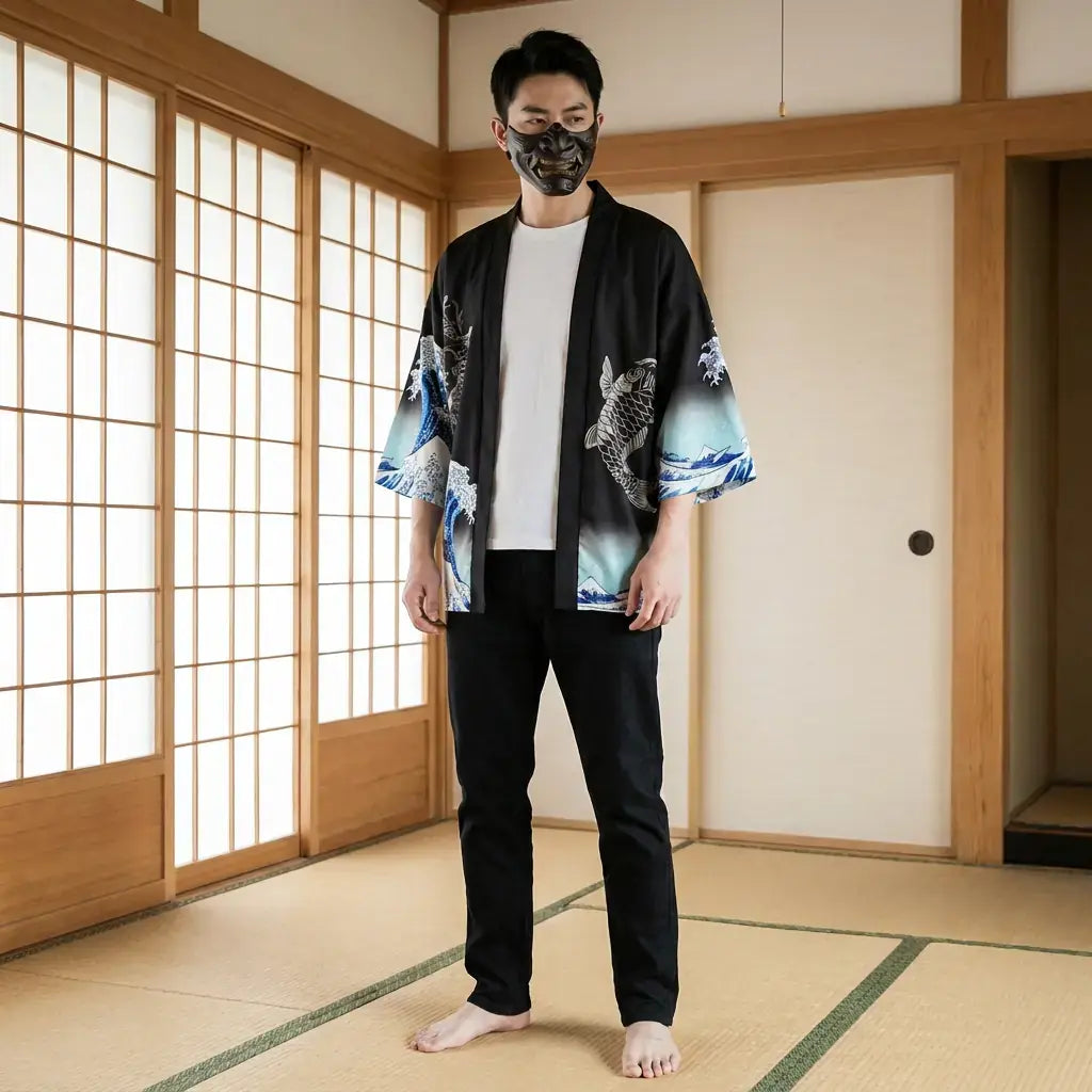 Kimono Veste Homme porté par un homme dans une pièce japonaise traditionnelle, vue de face