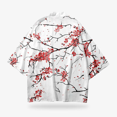 Veste kimono blanche fleurie imprimée de fleurs de sakura rouges, matière coton