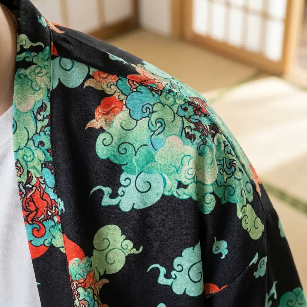 Gros plan sur le tissu et la manche du streetwear haori
