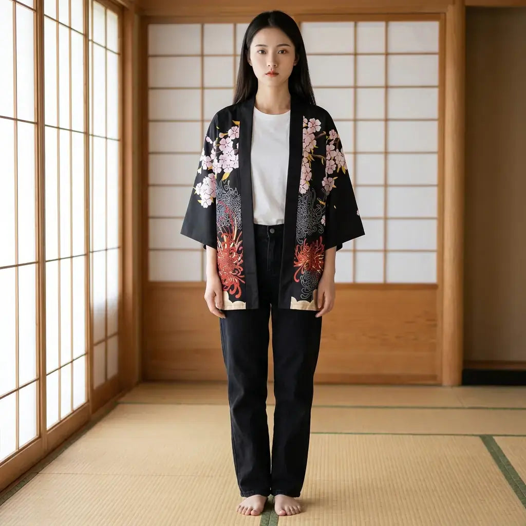Kimono Wool Haori porté par une femme dans une pièce japonaise traditionnelle