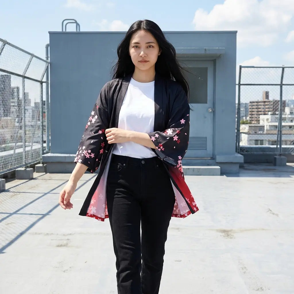 Veste kimono femme bordure rouge