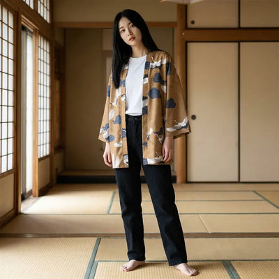 Haori Yukata porté par une femme dans une pièce japonaise traditionnelle