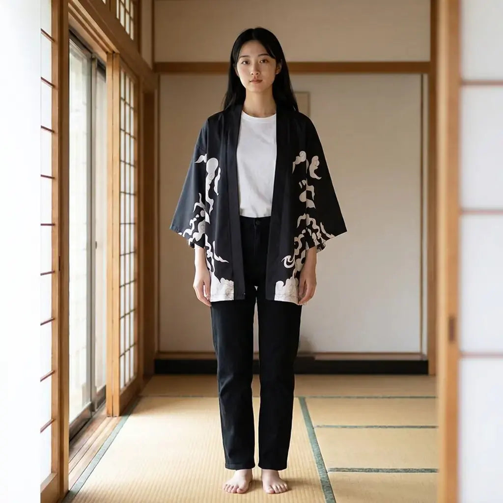Haori Murasame porté par une femme dans une pièce japonaise traditionnelle