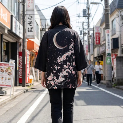 Femme vue de dos portant un haori lune dans une rue de Harajuku