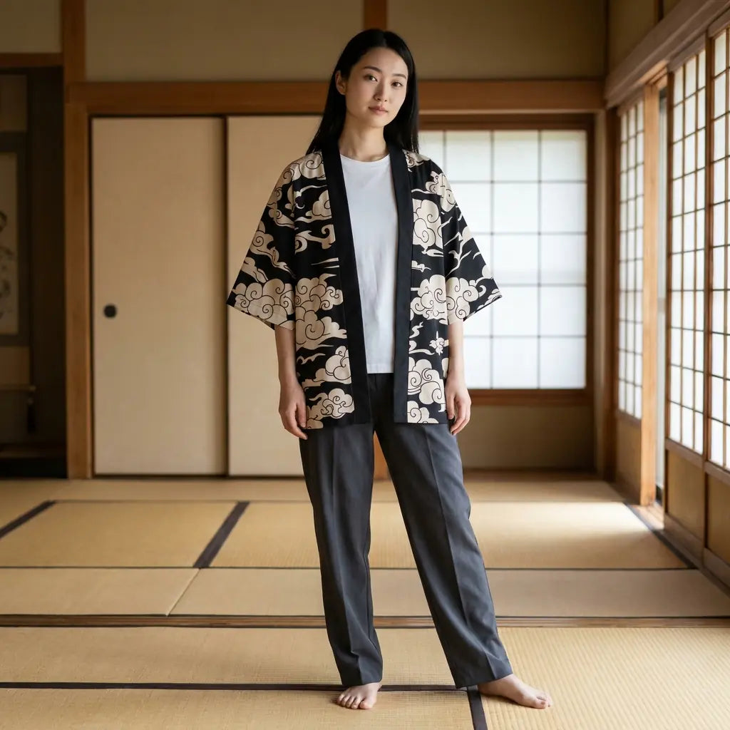 Haori Jacket Tsuru porté par une femme, vue de face