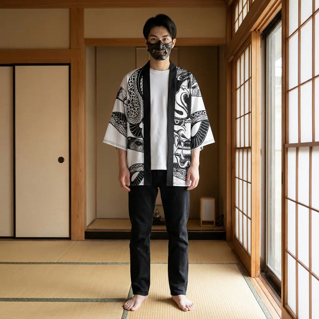 Coupe traditionnelle du haori, col droit et manches larges, devant un shoji