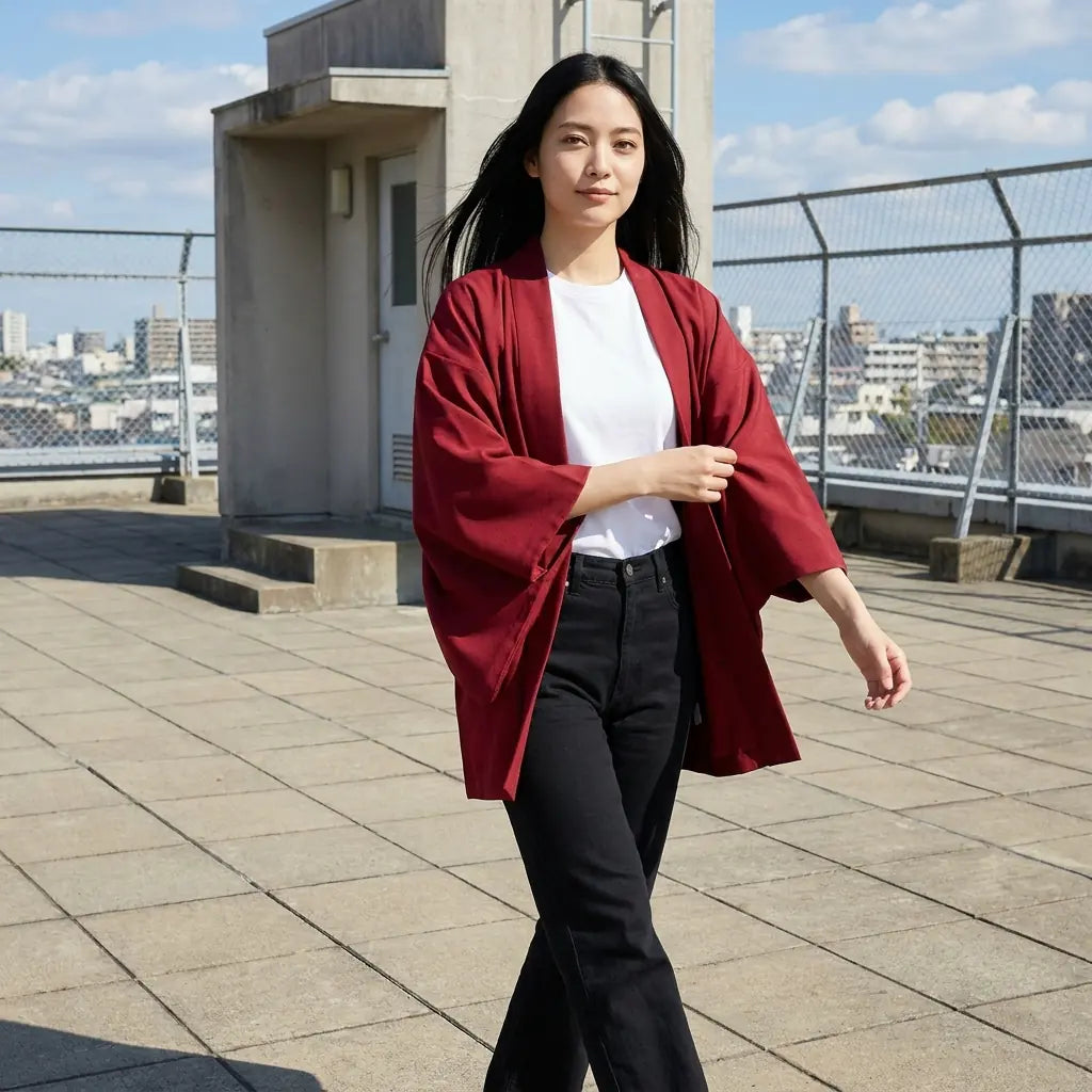 La veste kimono rouge portée ouverte, photographiée sur un toit en ville