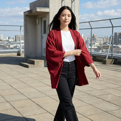 La veste kimono rouge portée ouverte, photographiée sur un toit en ville