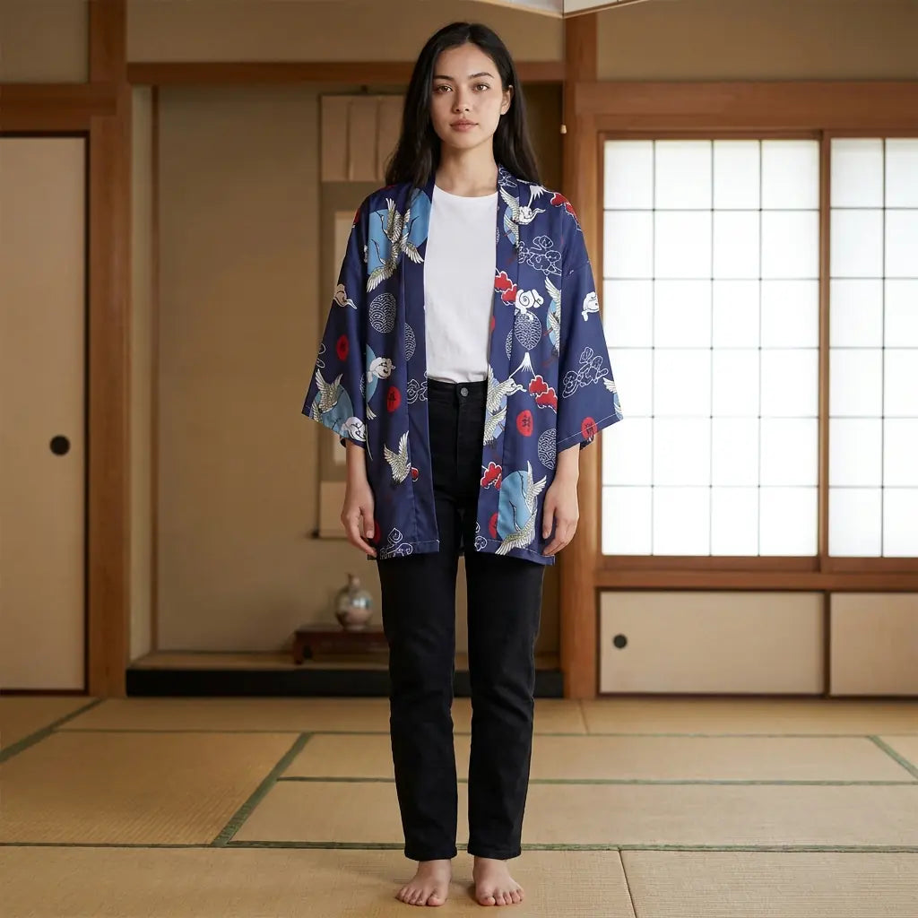 Veste kimono grue Tsuru portée ouverte dans une pièce tatami