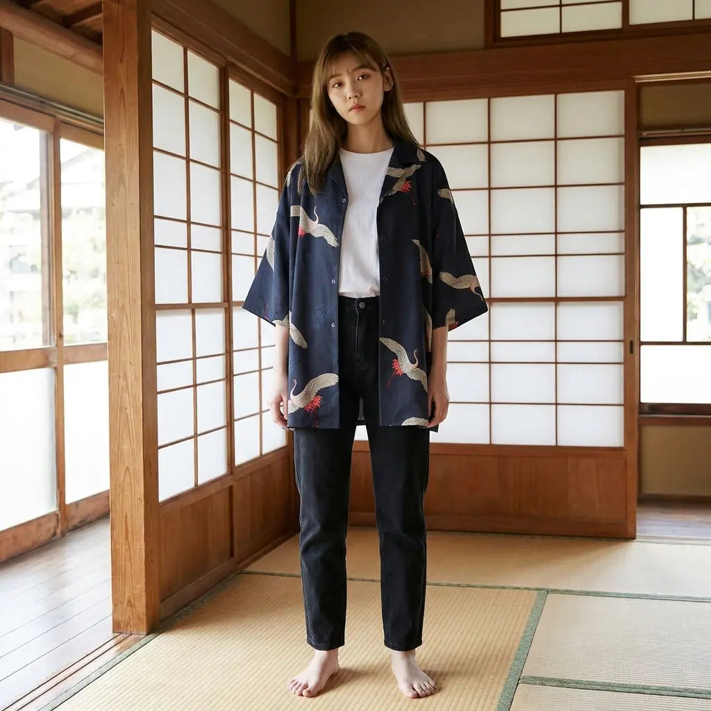 Veste kimono bleu marine imprimée de grues blanches, portée boutonnée sur un pantalon noir, posée sur un tatami