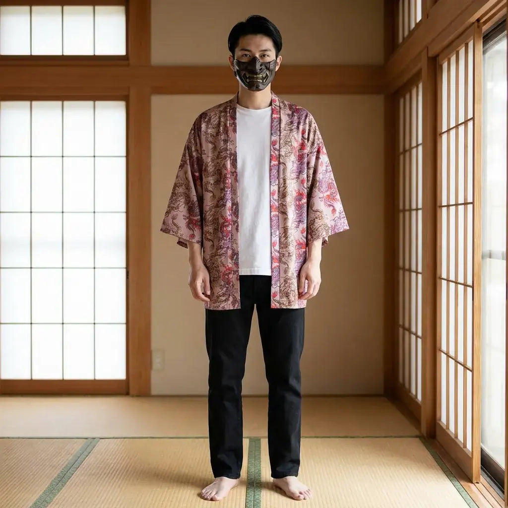 Haori Dragon porté par un homme dans une pièce japonaise traditionnelle, vue de face
