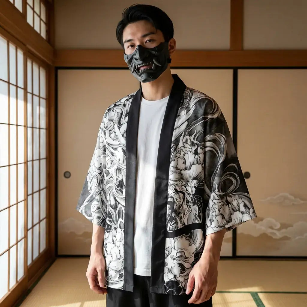 Veste Kimono Homme porté par un homme dans une pièce japonaise traditionnelle, vue de face