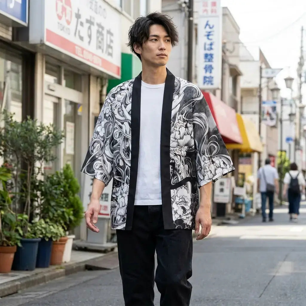 Veste Kimono Homme porté par un homme dans une pièce japonaise traditionnelle, vue de face