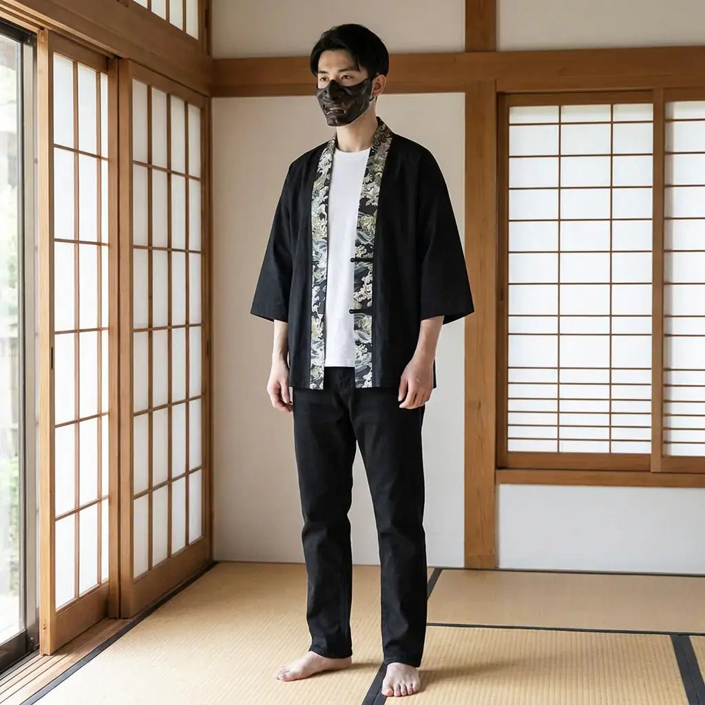 Veste Haori porté par un homme dans une pièce japonaise traditionnelle, vue de face