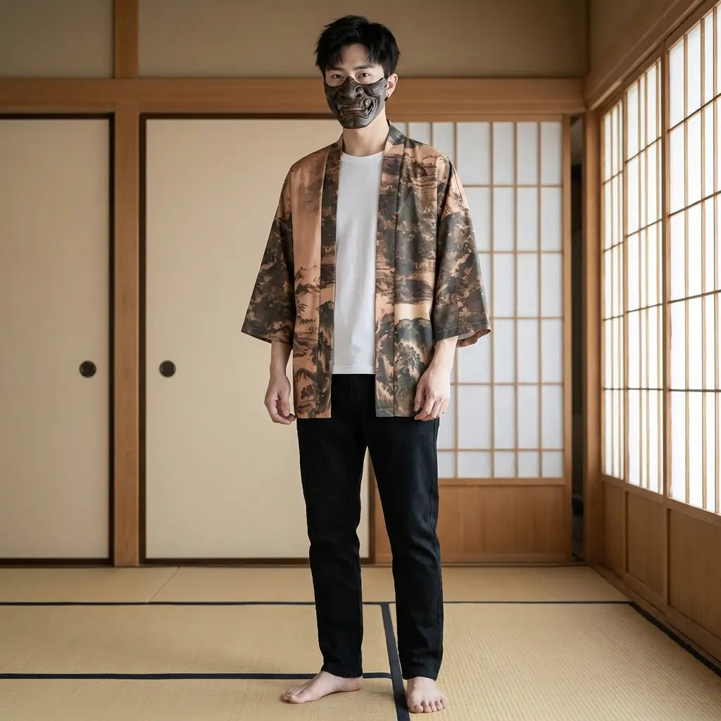 Homme portant une veste kimono homme dans une pièce washitsu traditionnelle, vue de face