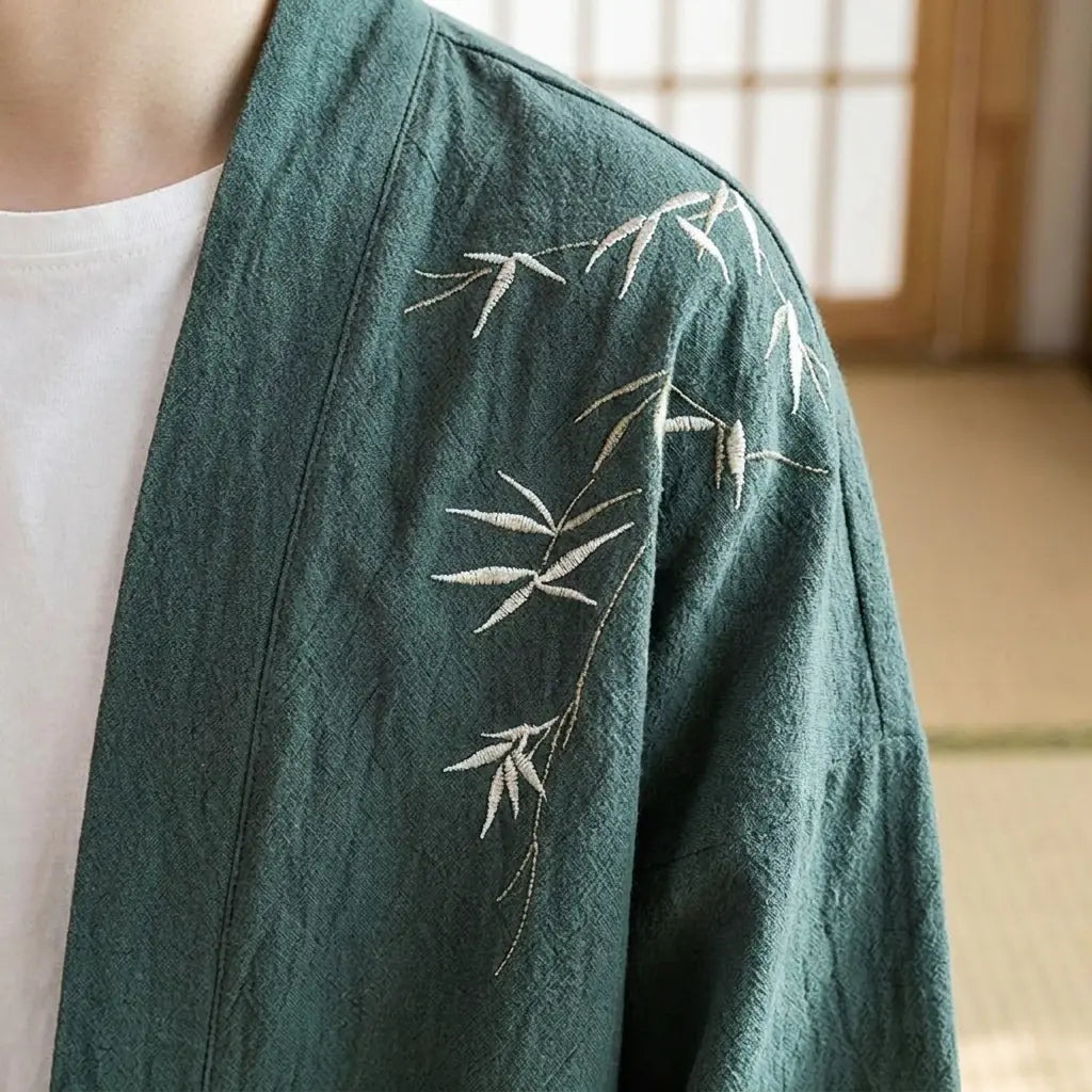 Gros plan sur le tissu imprimé et la manche d'une veste kimono homme