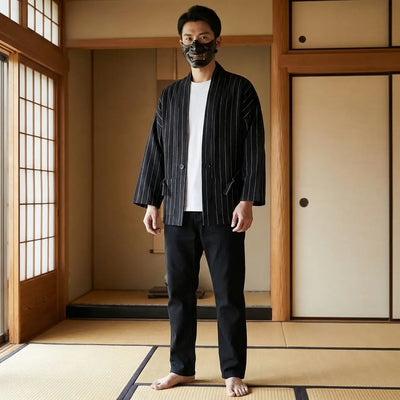 Homme portant une veste kimono homme dans un washitsu japonais traditionnel, vue de face