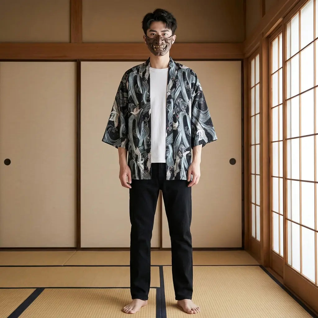 Homme portant une veste kimono homme dans un washitsu traditionnel japonais, vue de face