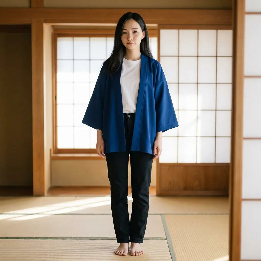 Veste kimono indigo femme portée pieds nus sur tatami, par-dessus un t-shirt blanc et un jean noir