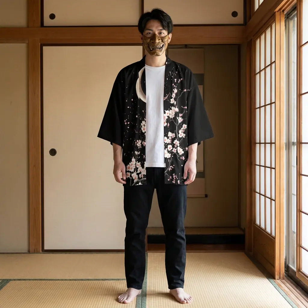 Homme portant un haori lune dans une pièce washitsu traditionnelle japonaise, vue de face