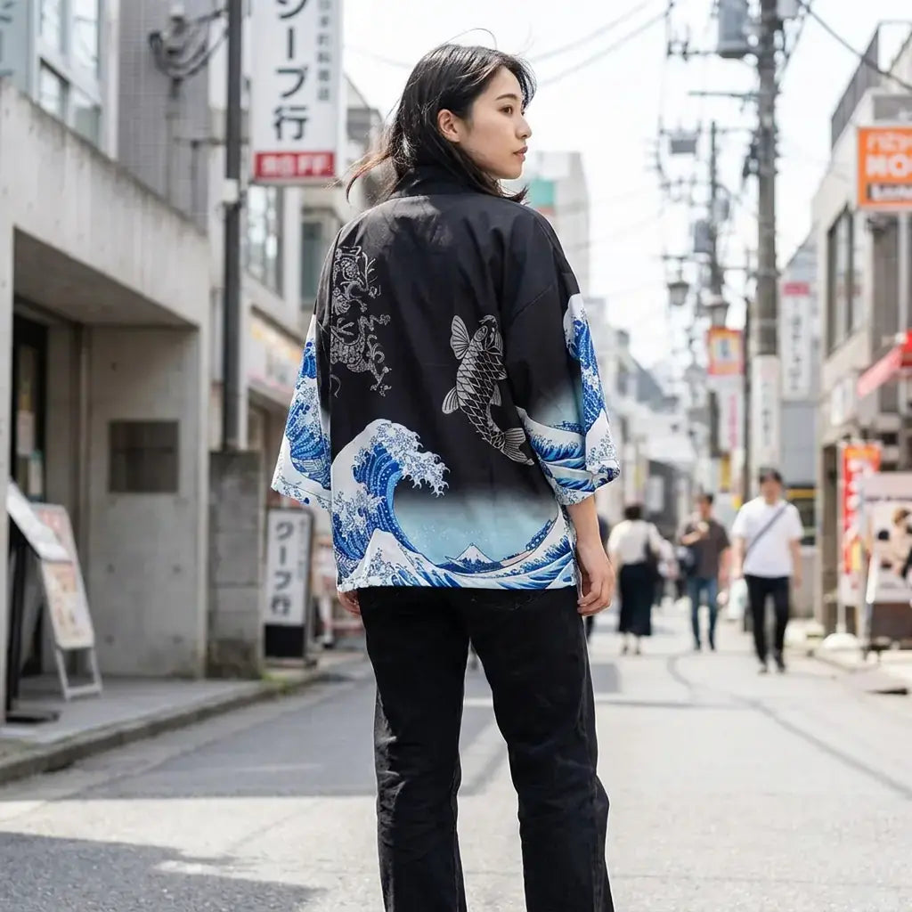 Kimono Veste Homme porté par une femme dans une pièce japonaise traditionnelle